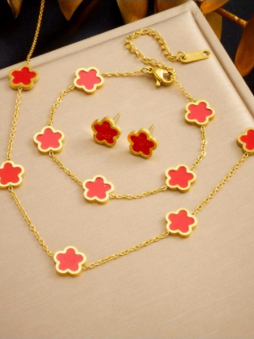 Gold-Plated Necklace and Earrings Set with Red Clover Accents